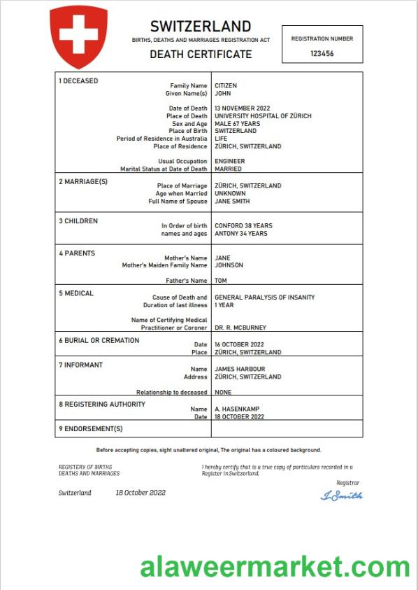 Switzerland vital record death certificate Word and PDF template